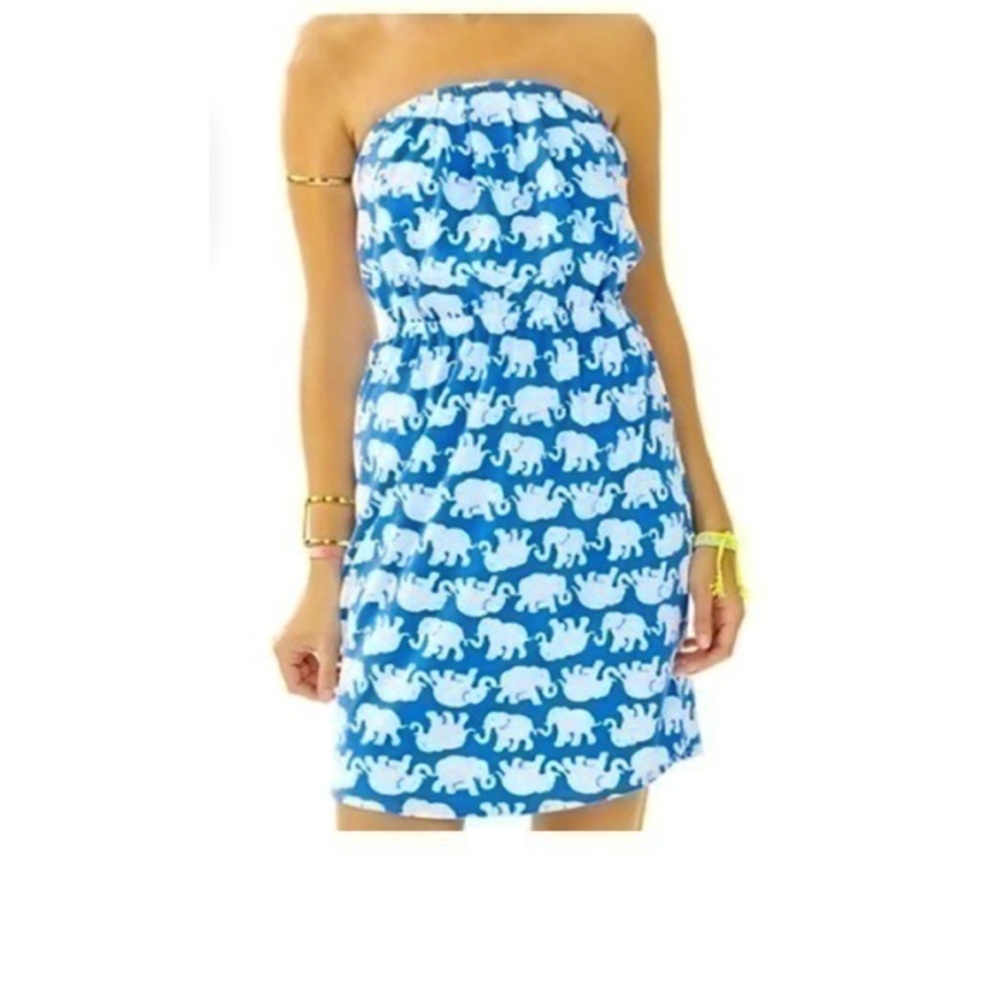 Lilly Pulitzer Windsor Strapless Dress Tusk In Sun Small | blue white elephants